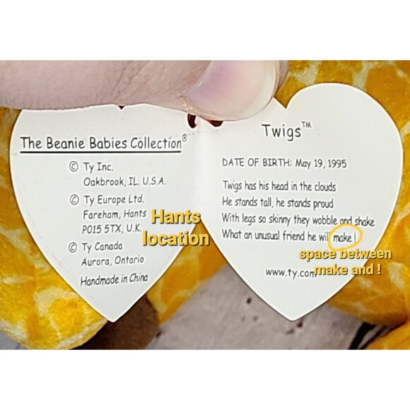 1995 Vintage Twigs Giraffe Beanie Baby, PVC Pellets, Tag Errors, Hants UK - Picture 7 of 10